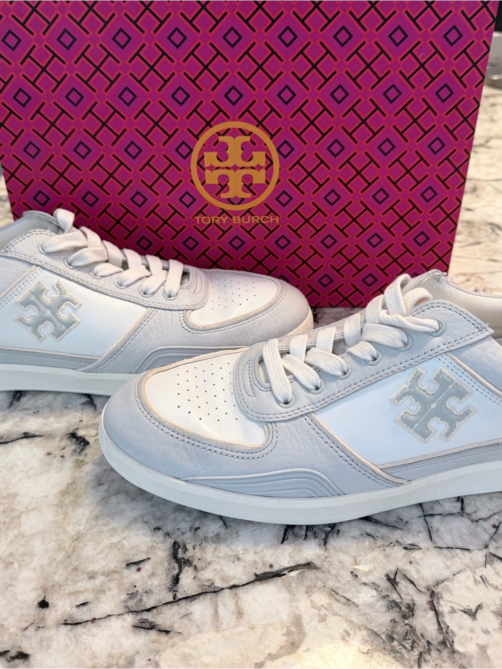 Tory Burch Clover Court Nappa Leather Sneakers, Purity Powder Blue